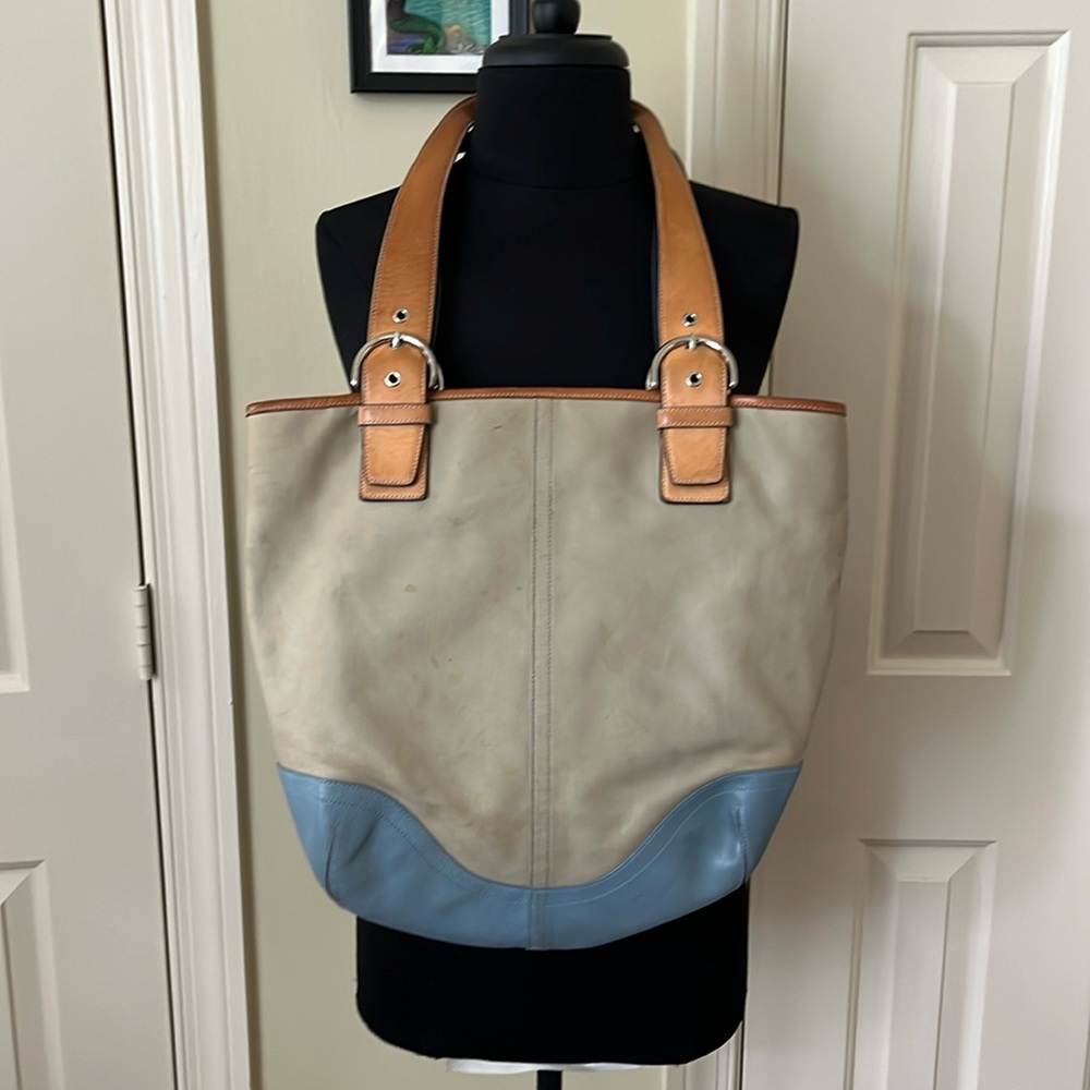 Coach canvas and leather tote bag - large (khaki, tan, light blue)